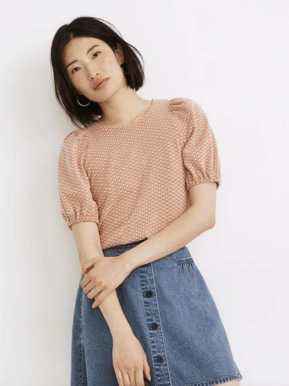 MADEWELL Floral Jacquard Puff-Sleeve Knit Top in Brick Red Sz S